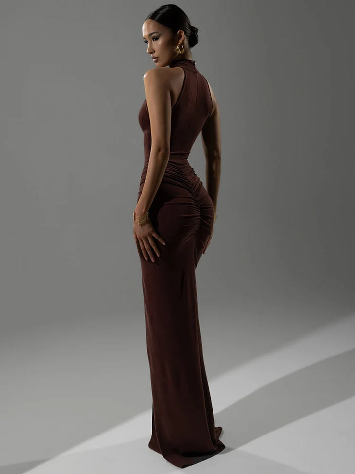 Elegant Ruched Halter Maxi Dress For Sexy Evening Party