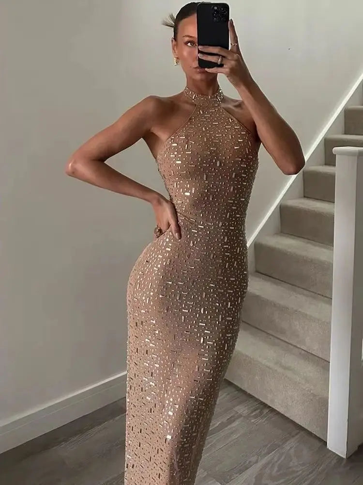 Sisterlinda Sequin Halter Bodycon Dress Women Elegant