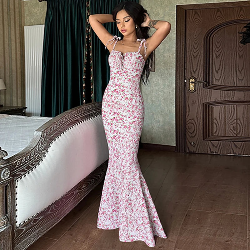 Floral Sleeveless Backless Lace Up Bodycon Maxi