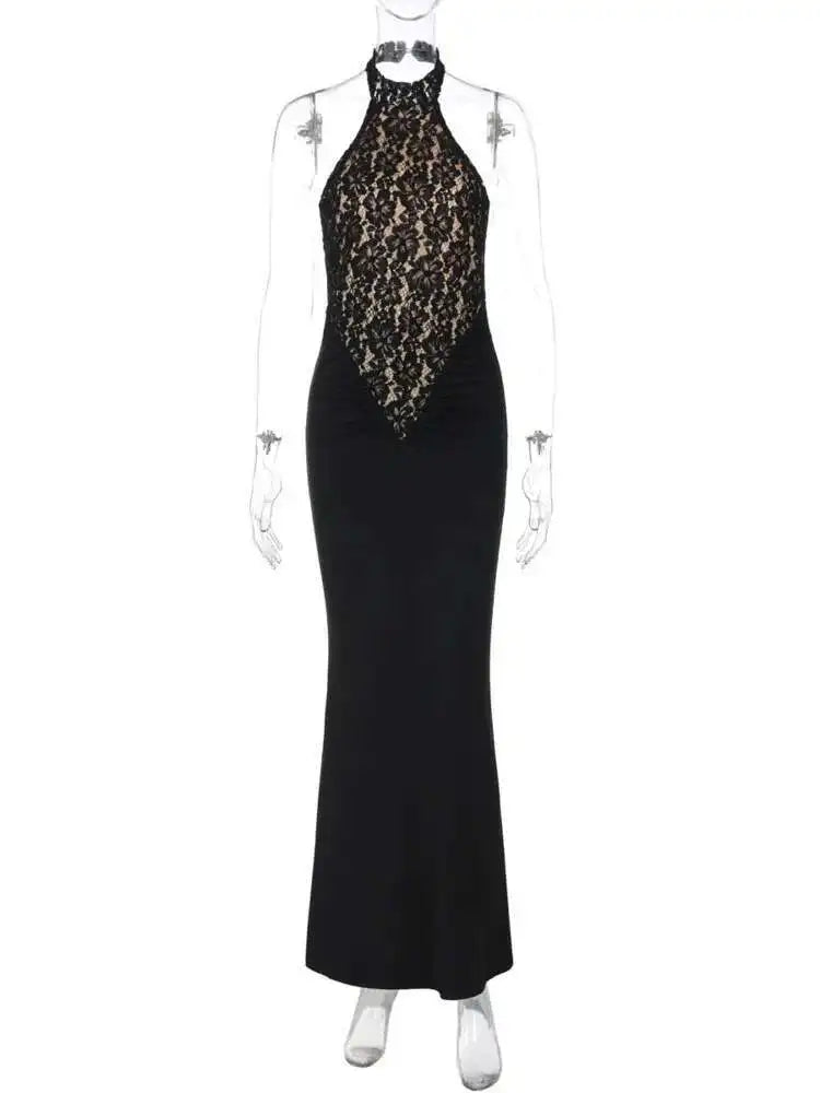 Mozision Lace Halter Backless Maxi Dress Black