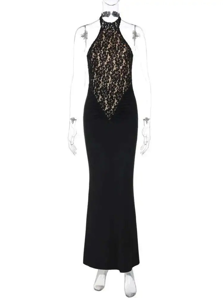 Mozision Lace Halter Backless Maxi Dress Black