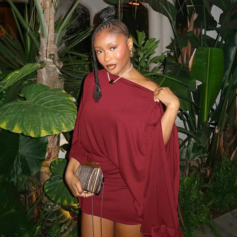 Elegant Ruched Mini Knit Dress With Cloak Sleeves
