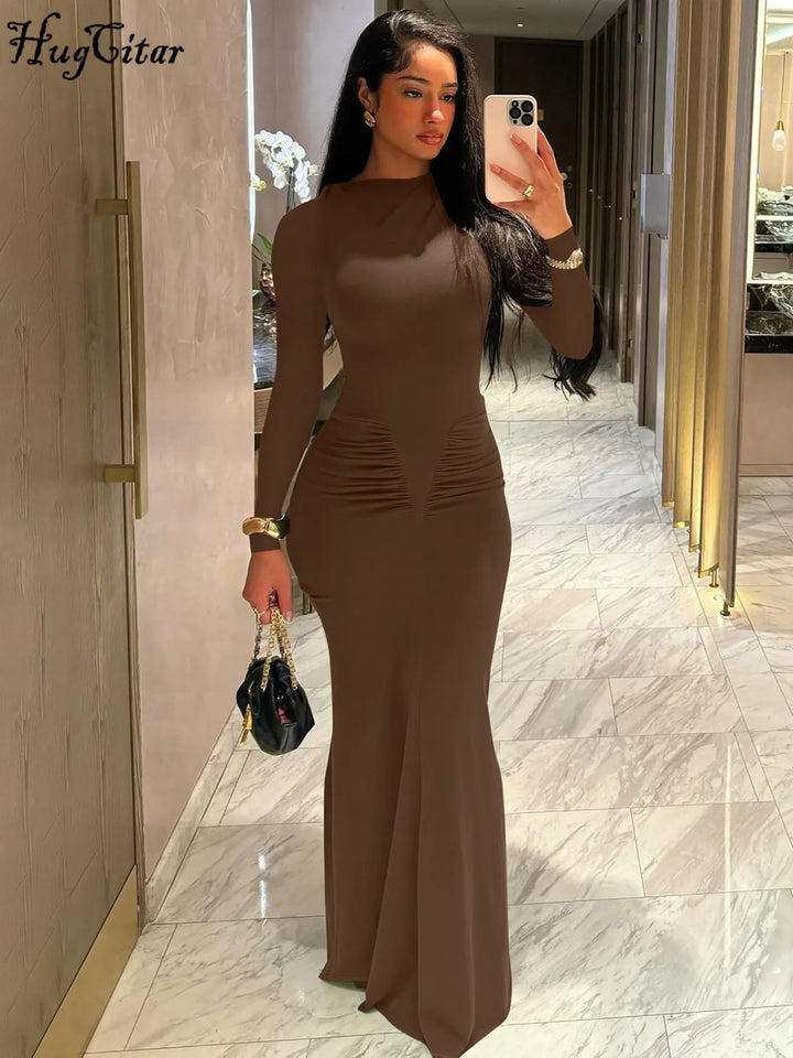 Hugcitar Autumn Solid Y2K Long Sleeve Maxi Dress