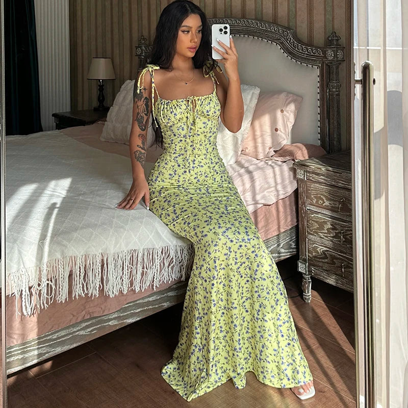 Floral Sleeveless Backless Lace Up Bodycon Maxi