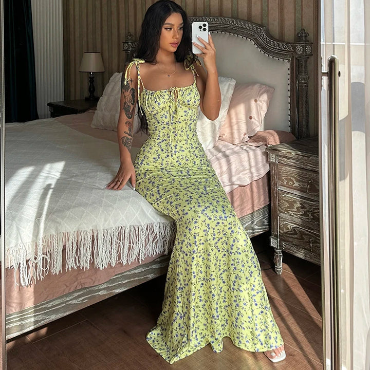 Floral Sleeveless Backless Lace Up Bodycon Maxi