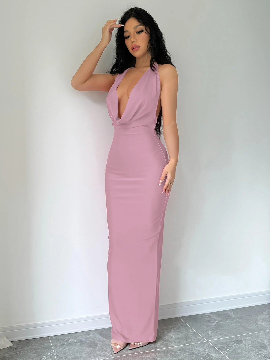 Elegant Backless Halter Midi Dress Premium Knit