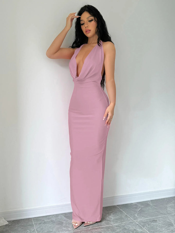 Elegant Backless Halter Midi Dress Premium Knit