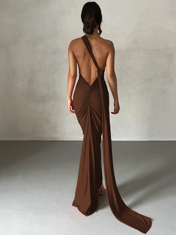 Elegant Y2k One Shoulder Maxi Dress Scarf Backless