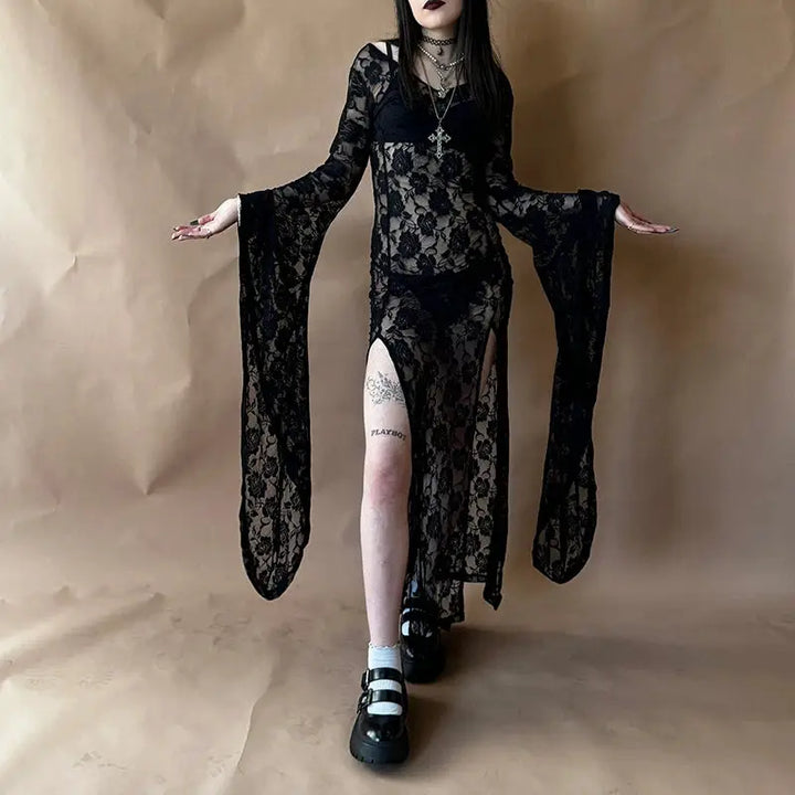 E-girl Goth Punk Bodycon Slip Dress Women Sheer Lace Maxi Dress Bat Long Sleeve Y2k Fairy Grunge See Through Split Flowy Dress