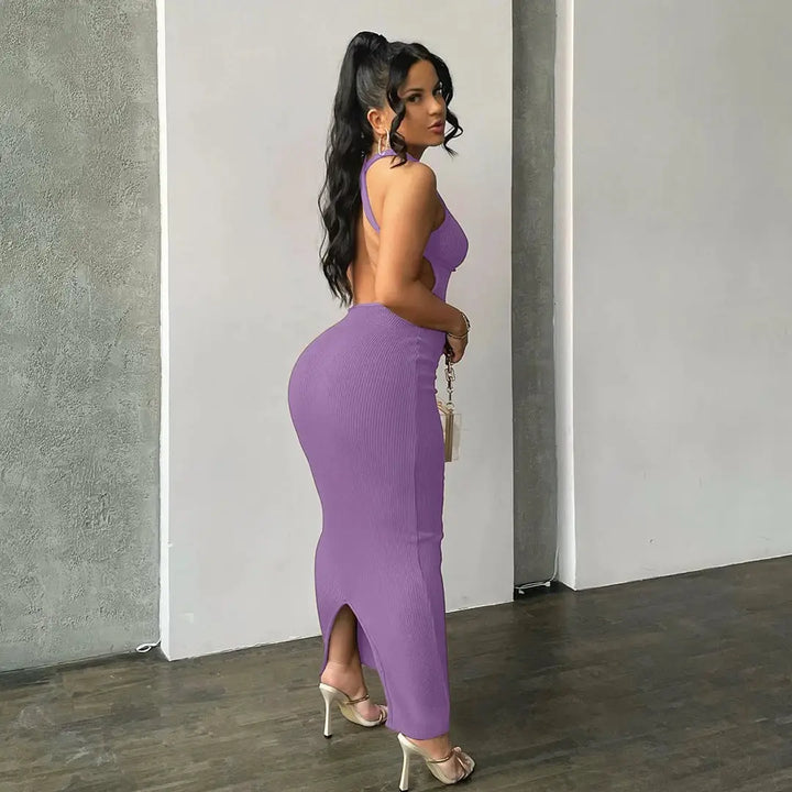 Hugcitar Ribbed Solid Hollow Out Backless Sleeveless Sexy Slit Mini Dress Bodycon 2025 Spring Women Outfits Elegant Party Y2K