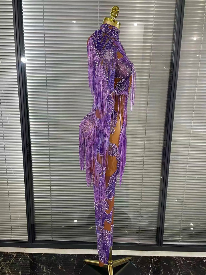 Shining Rhinestones Purple Sexy Tassels Mesh See Through Bodycon Jumpsuit Celebrate Nightclub Party Birthday Photoshoot Wear