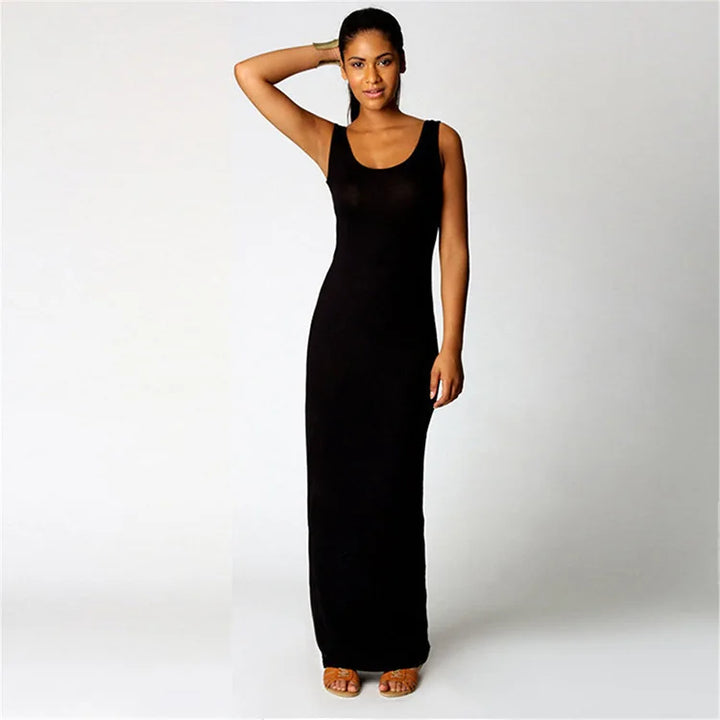 Women Sleeveless Maxi Bodycon Dress Solid Color