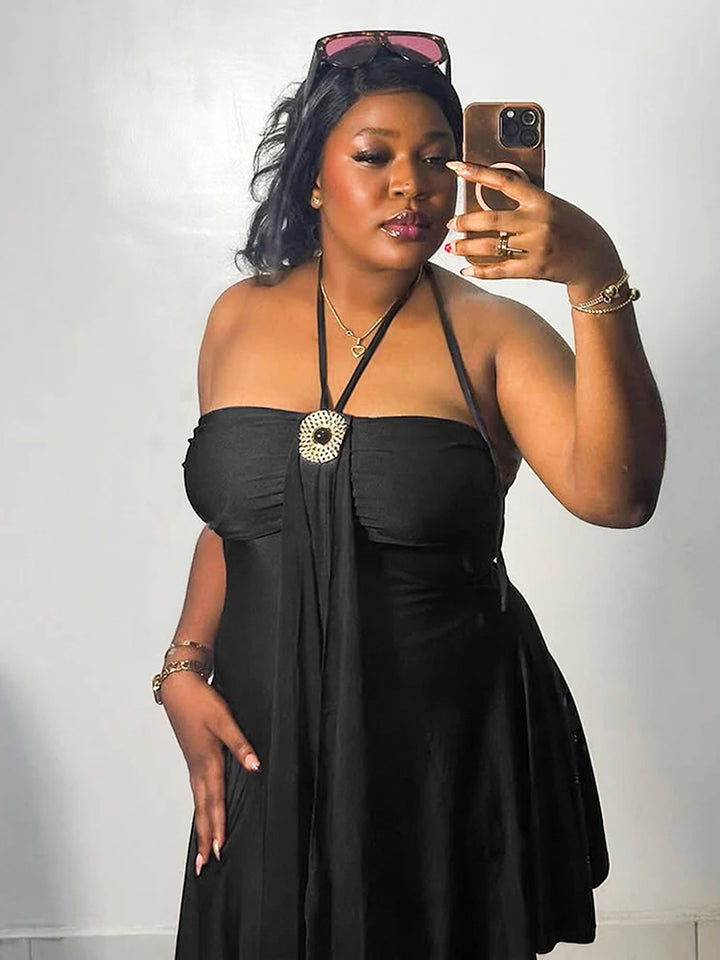 Weird Puss Metal Buckle Dress Women Halter Bodycon