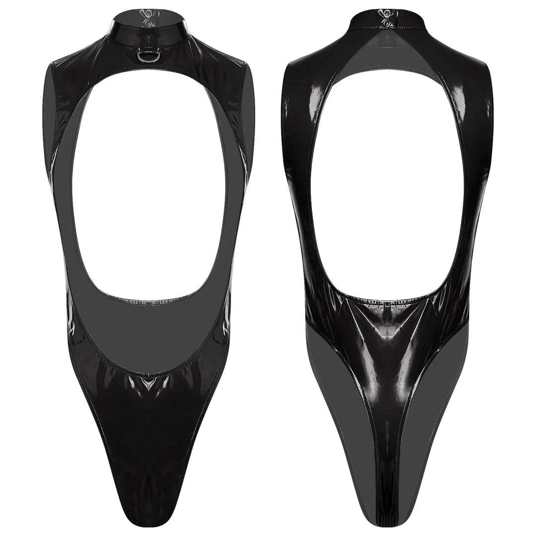 Glossy Pu Leather Bodysuit With D Ring