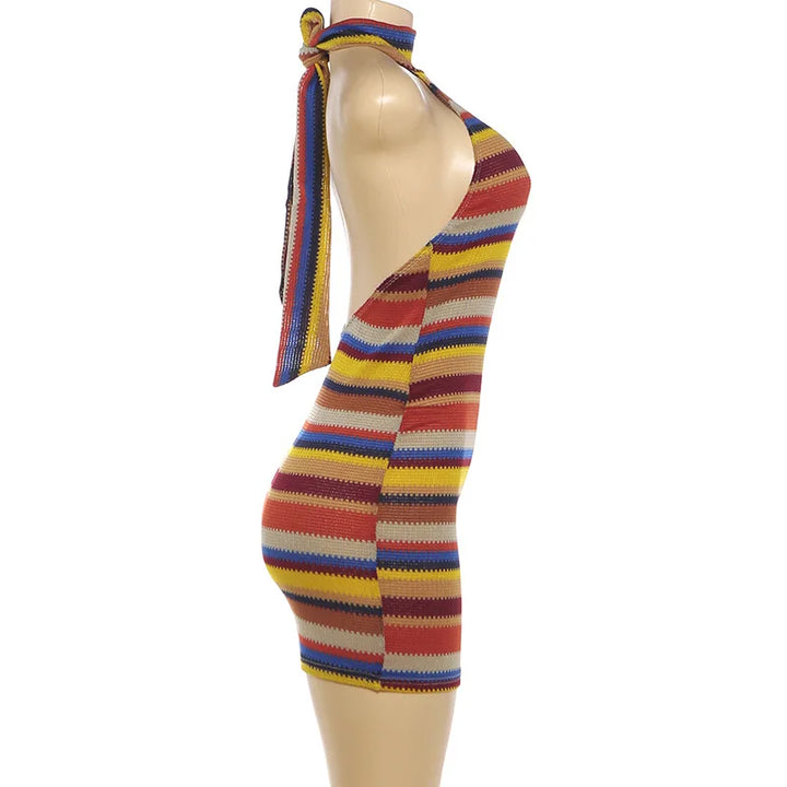 Luxurious Knit Stretch Stripe Halter Dress