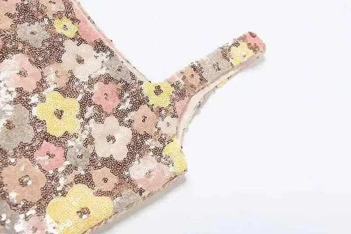 Elegant Floral Sequin Mini Dress With Spaghetti