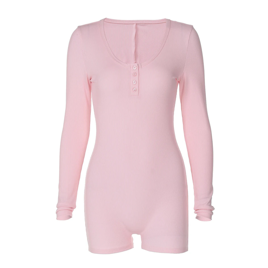 Stylish Ribbed Knit Bodycon Playsuit With Buttons