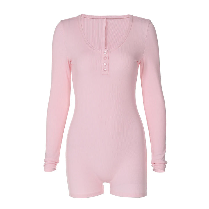Stylish Ribbed Knit Bodycon Playsuit With Buttons