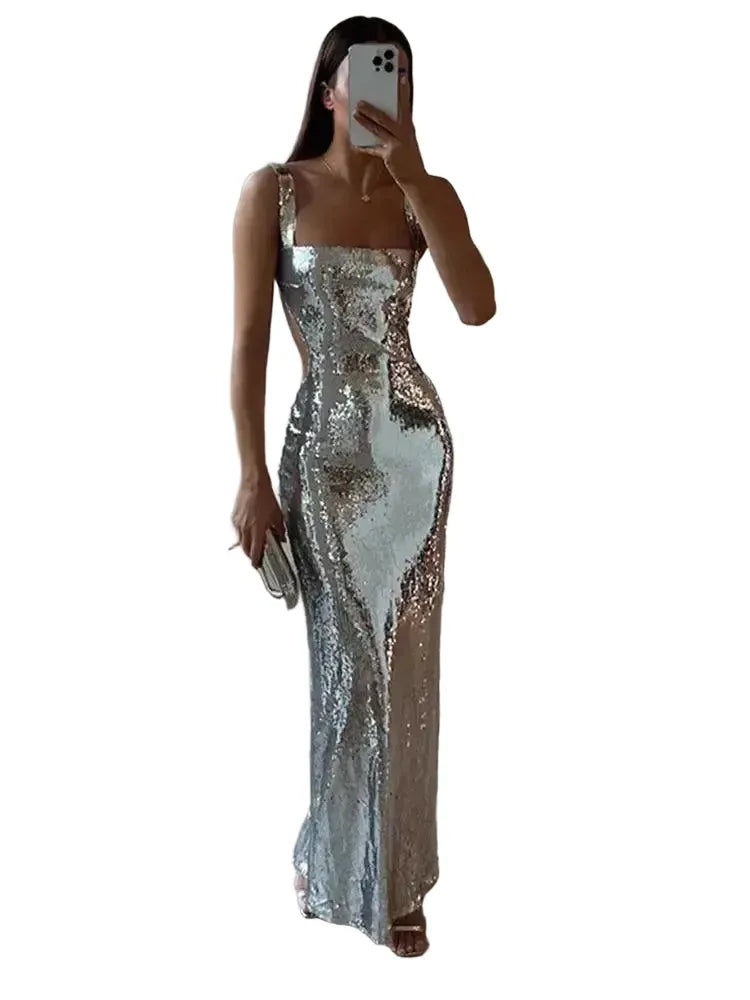 Sparkling Silver Maxi Dress Backless Evening Gown For Events