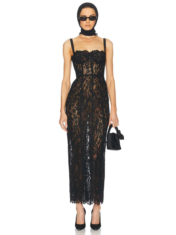Black Floral Lace Evening Dress With V Neck Bodycon
