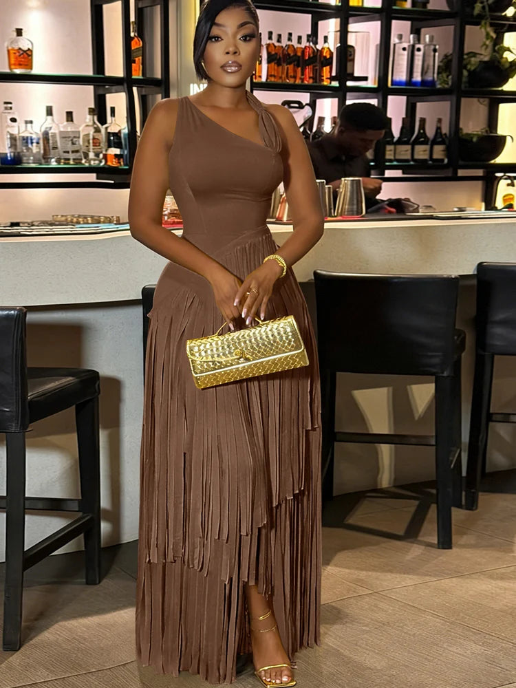 Luxury Red One Shoulder Fringe Maxi Dress For Girls