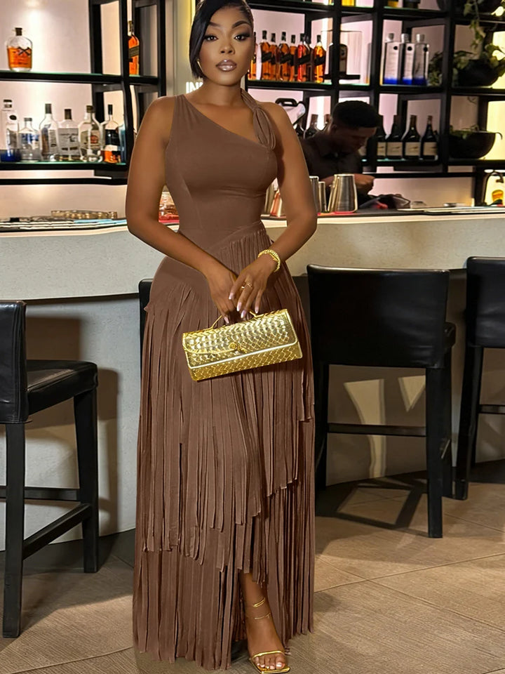 Luxury Red One Shoulder Fringe Maxi Dress For Girls