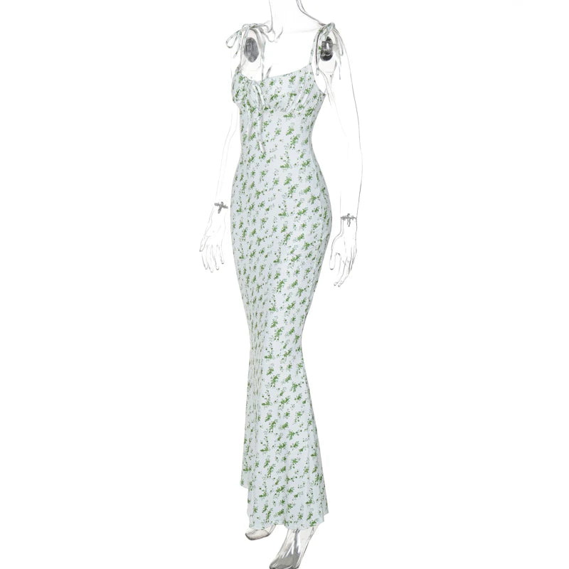 Floral Sleeveless Backless Lace Up Bodycon Maxi