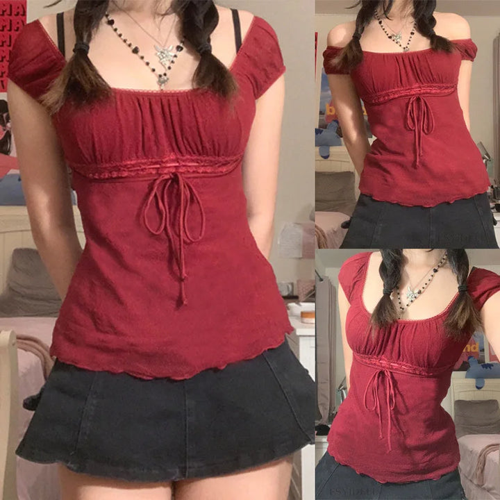 Premium Women Off Shoulder Lace Drawstring Cotton