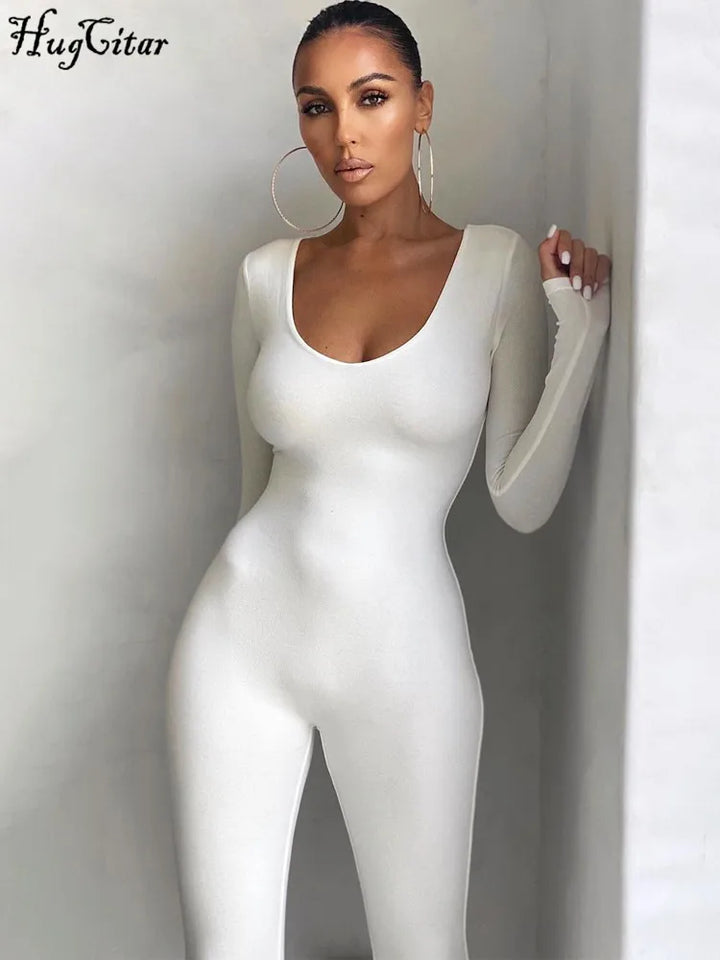 Hugcitar 2025 Square Collar Bodycon Jumpsuit Women