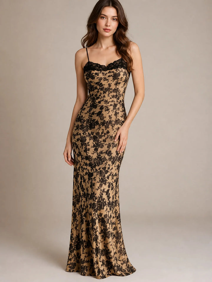 Elegant Floral Satin Maxi Dress Lace Trim Evening Party Guest