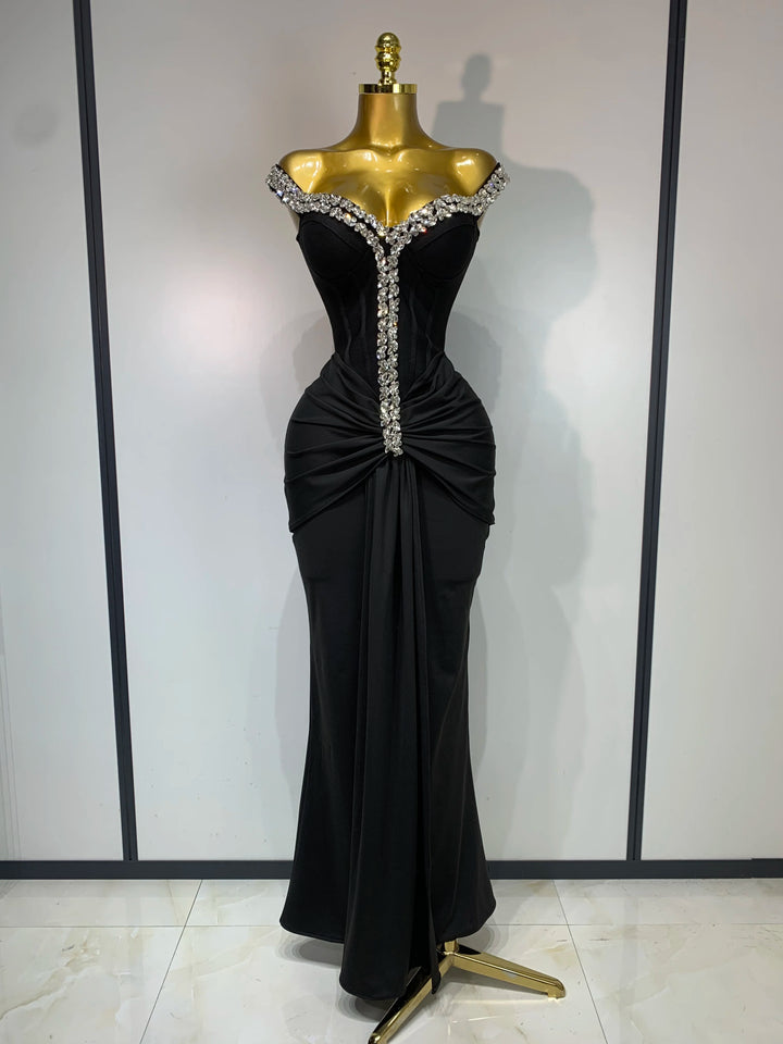 Women Off Shoulder Black Diamond Bodycon Dress