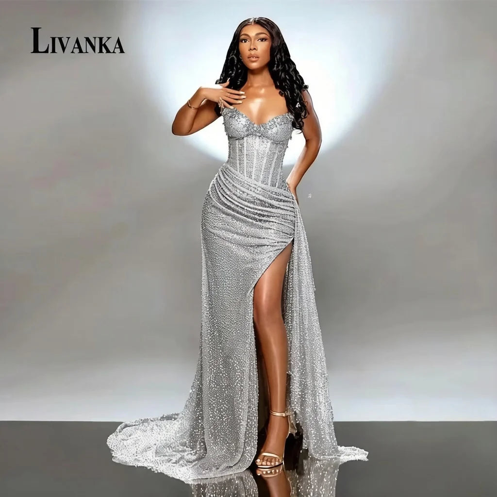 Livanka Sweetheart Mermaid Evening Dress Side Split High Waist Prom Gown With Beading