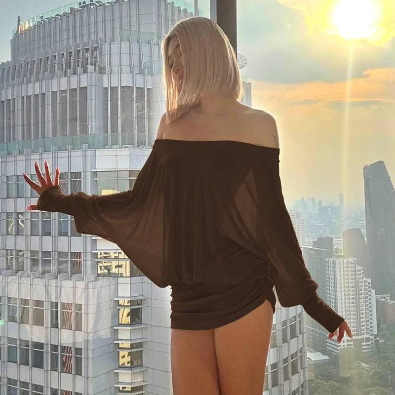 Chic Off Shoulder Sheer Mini Dress For Elegant