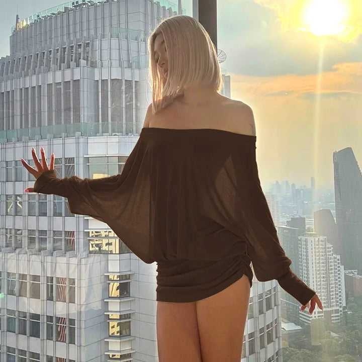 Chic Off Shoulder Sheer Mini Dress For Elegant