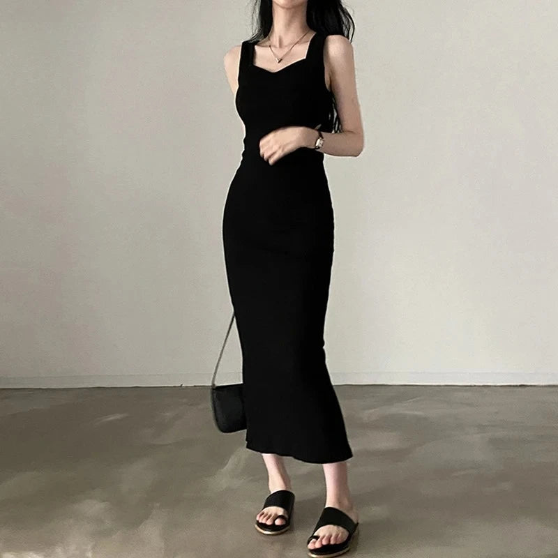 Myufon Square Collar Sleeveless Knit Long Dress