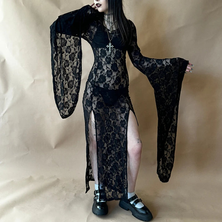 Egirl Goth Punk Sheer Lace Maxi Dress Long Sleeve