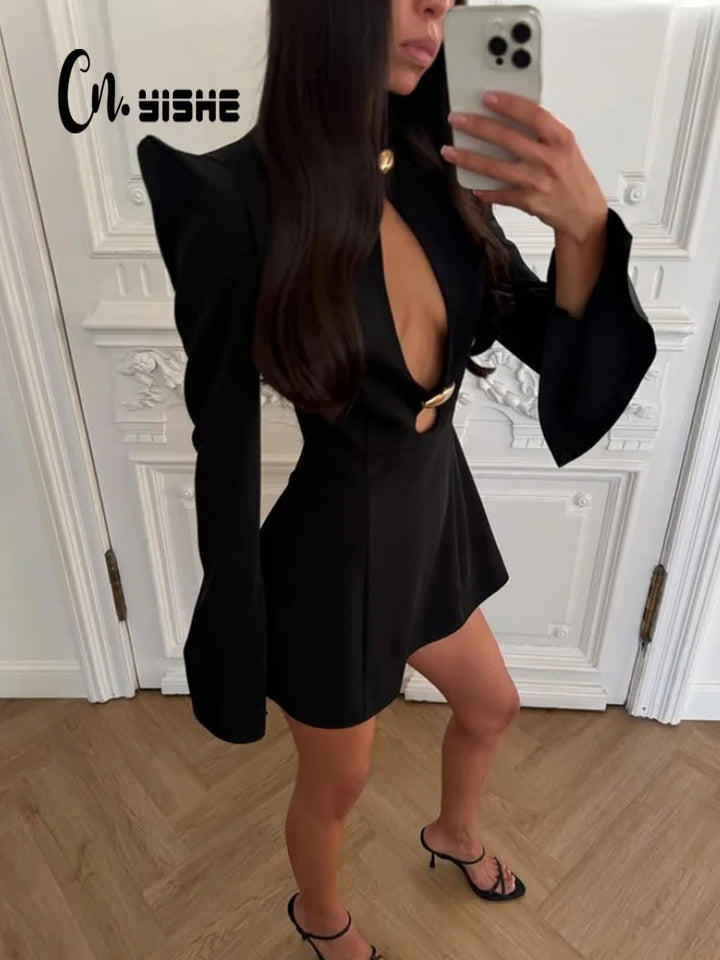 Cnyishe Hollow Out Metal Buckle Bodycon Dress