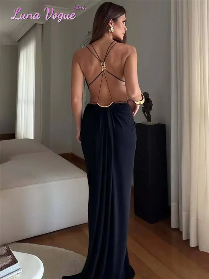 Elegant Solid Maxi Gown With Deep V Cutout