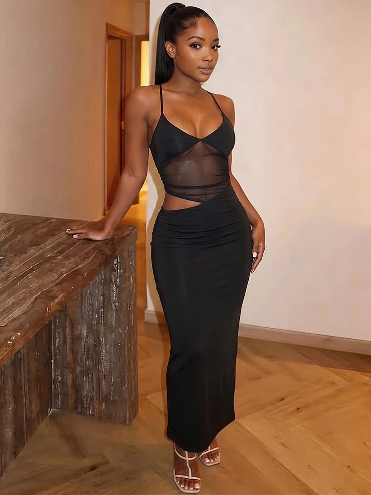 Sexy Mesh Patchwork Maxi Dress Women Backless Bodycon