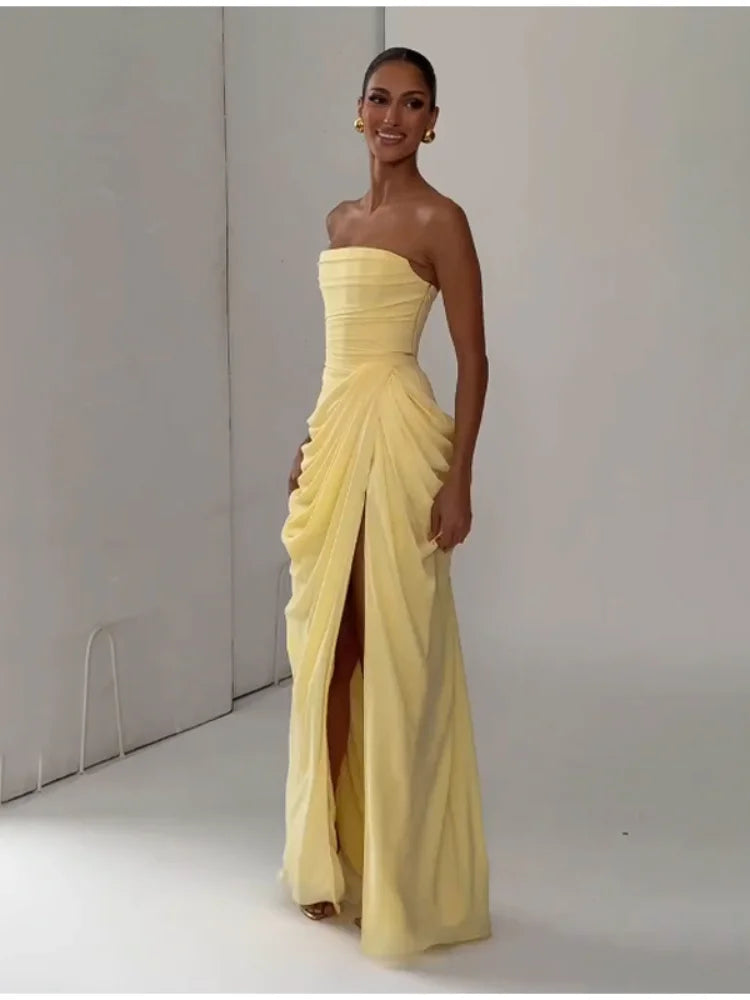 Elegant Yellow Strapless Pleated Dress For Summer Evening Parties