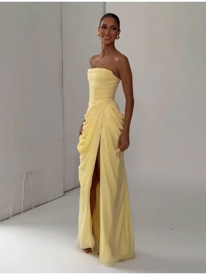Elegant Yellow Strapless Pleated Dress For Summer Evening Parties