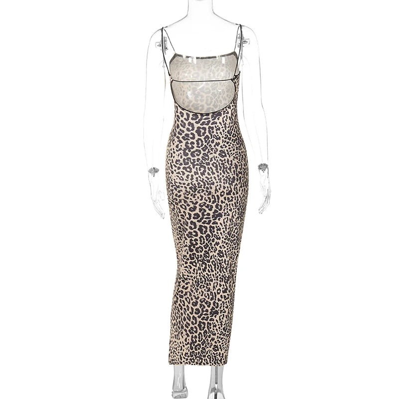 Hugcitar Leopard Backless Bodycon Maxi Dress