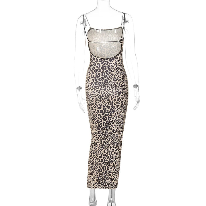 Hugcitar Leopard Backless Bodycon Maxi Dress