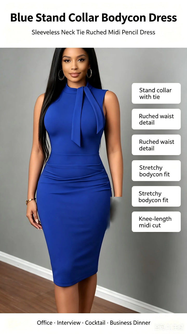 Luxury Stand Collar Midi Dress For Work Or Party