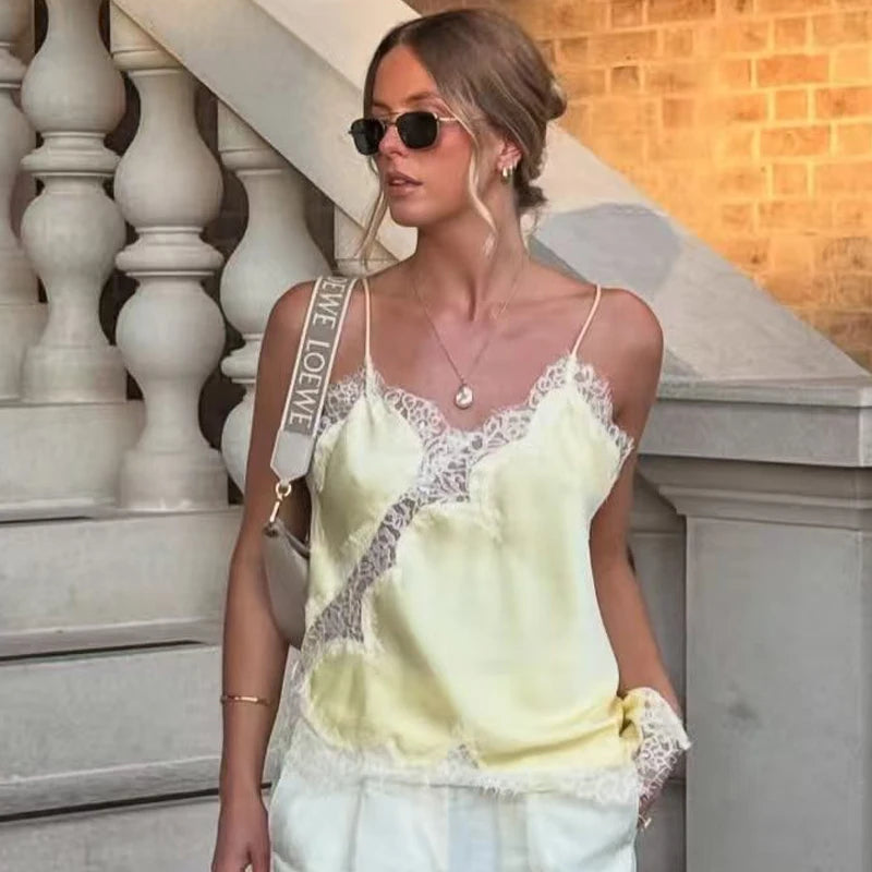 HXAO 2025 Woman Asymmetrical Slip Top Women Sexy Black Yellow Blue Top Lace Tanks &amp; Camis Chic Y2K Sleeveless Backless Camisole
