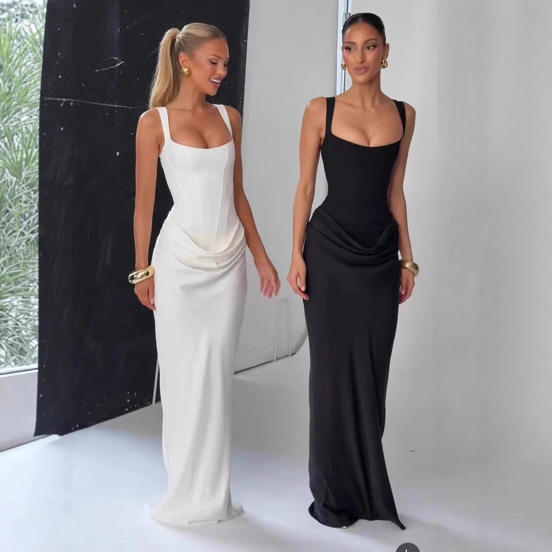 Backless Ruched Maxi Dress Women U Neck Sleeveless
