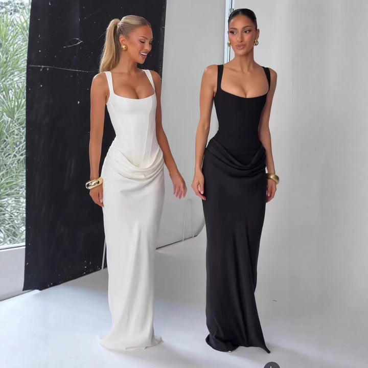 Backless Ruched Maxi Dress Women U Neck Sleeveless