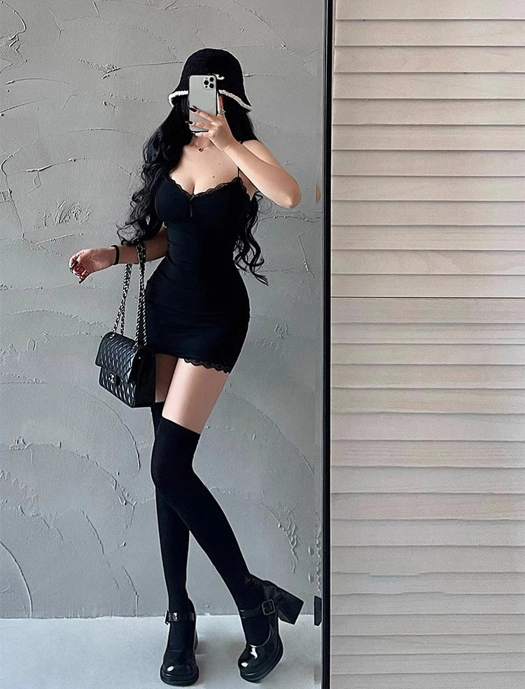 JeYongZoo Black Y2K Lace Bodycon Mini Dress