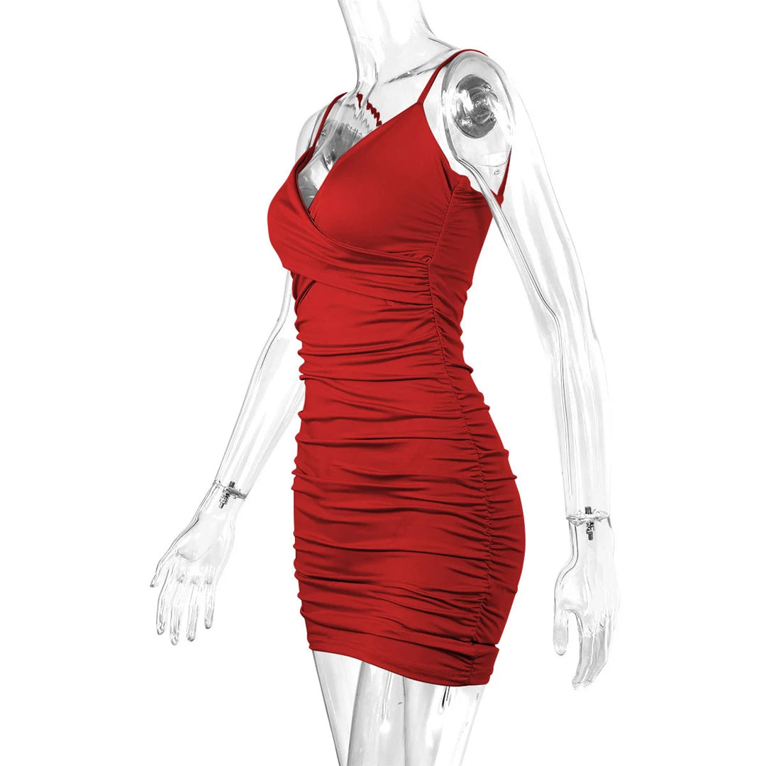 Signature V Neck Pleated Bodycon Mini Dress