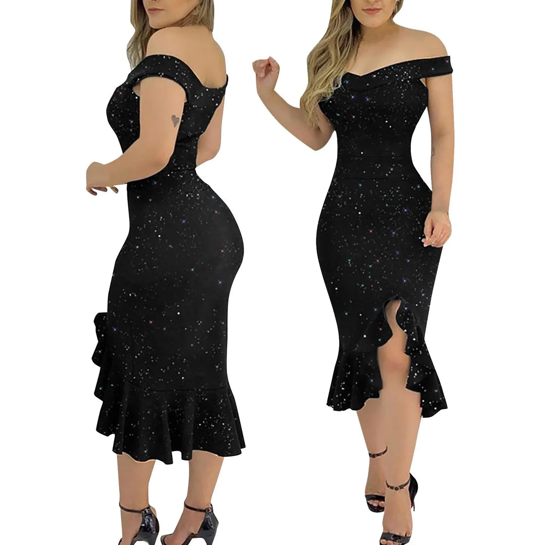 Luxury Glitter Off Shoulder Ruffle Bodycon Dress